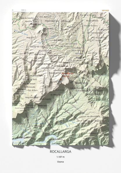 Mapa de relieve de Rocallarga, 1187 m, Osona, lámina 100 Cims de Trobart 21 × 30 cm.