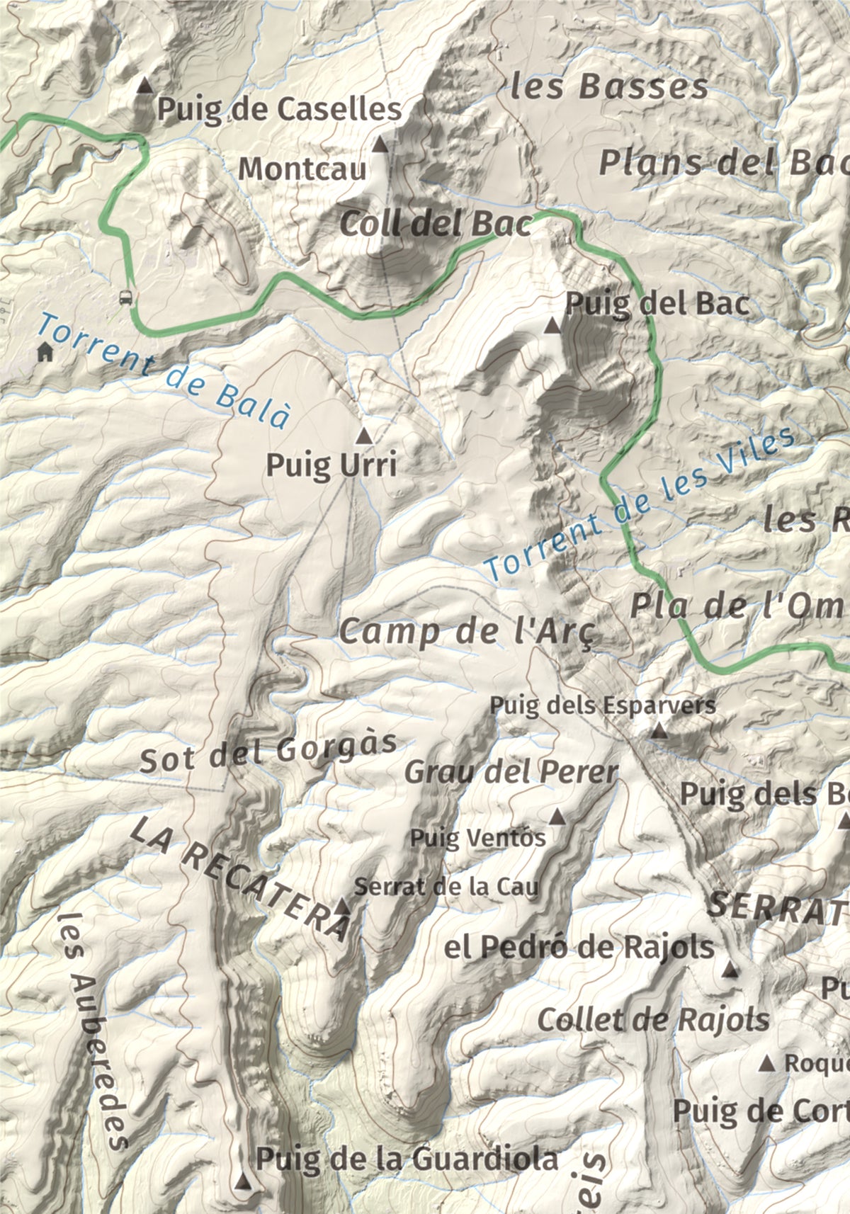 Mapa de relieve de Rocallarga, 1187 m, Osona, lámina 100 Cims de Trobart. Detalle de la zona superior izquierda. 21 × 30 cm.