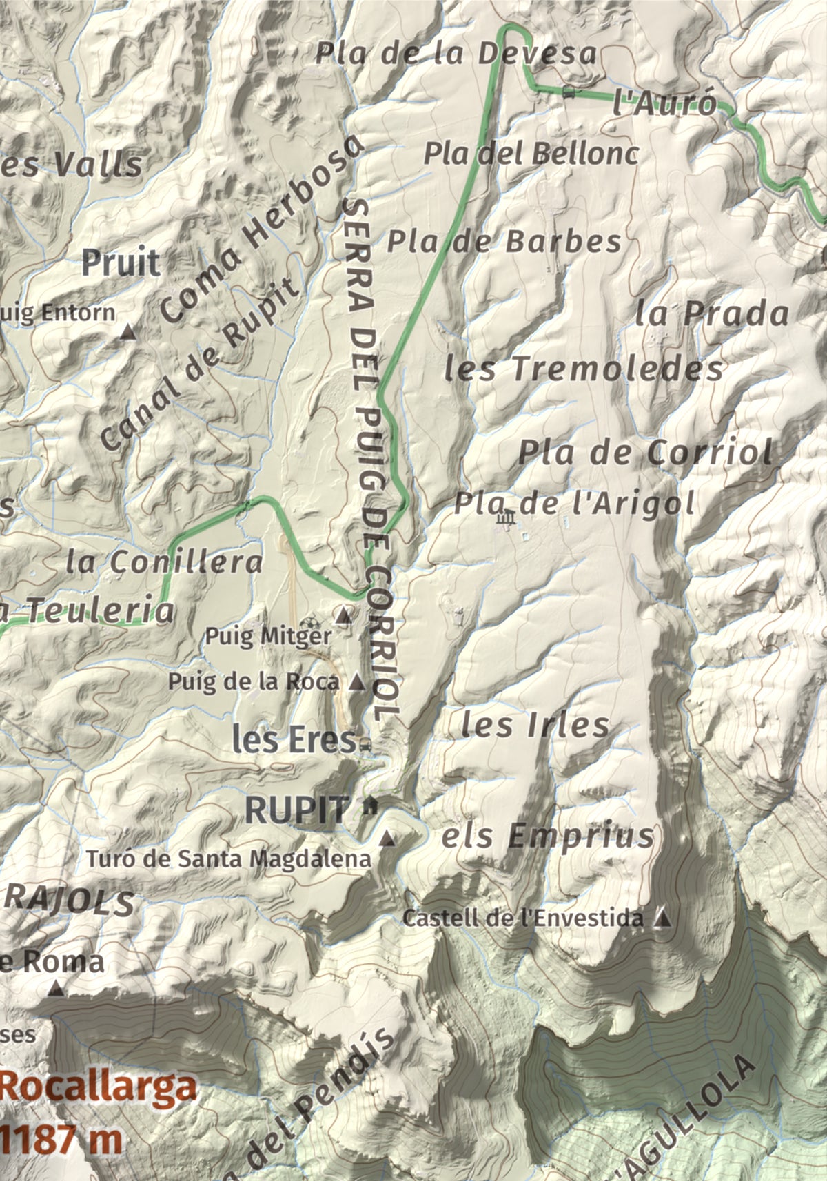 Mapa de relieve de Rocallarga, 1187 m, Osona, lámina 100 Cims de Trobart. Detalle de la zona superior derecha. 21 × 30 cm.