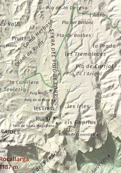 Mapa de relieve de Rocallarga, 1187 m, Osona, lámina 100 Cims de Trobart. Detalle de la zona superior derecha. 21 × 30 cm.