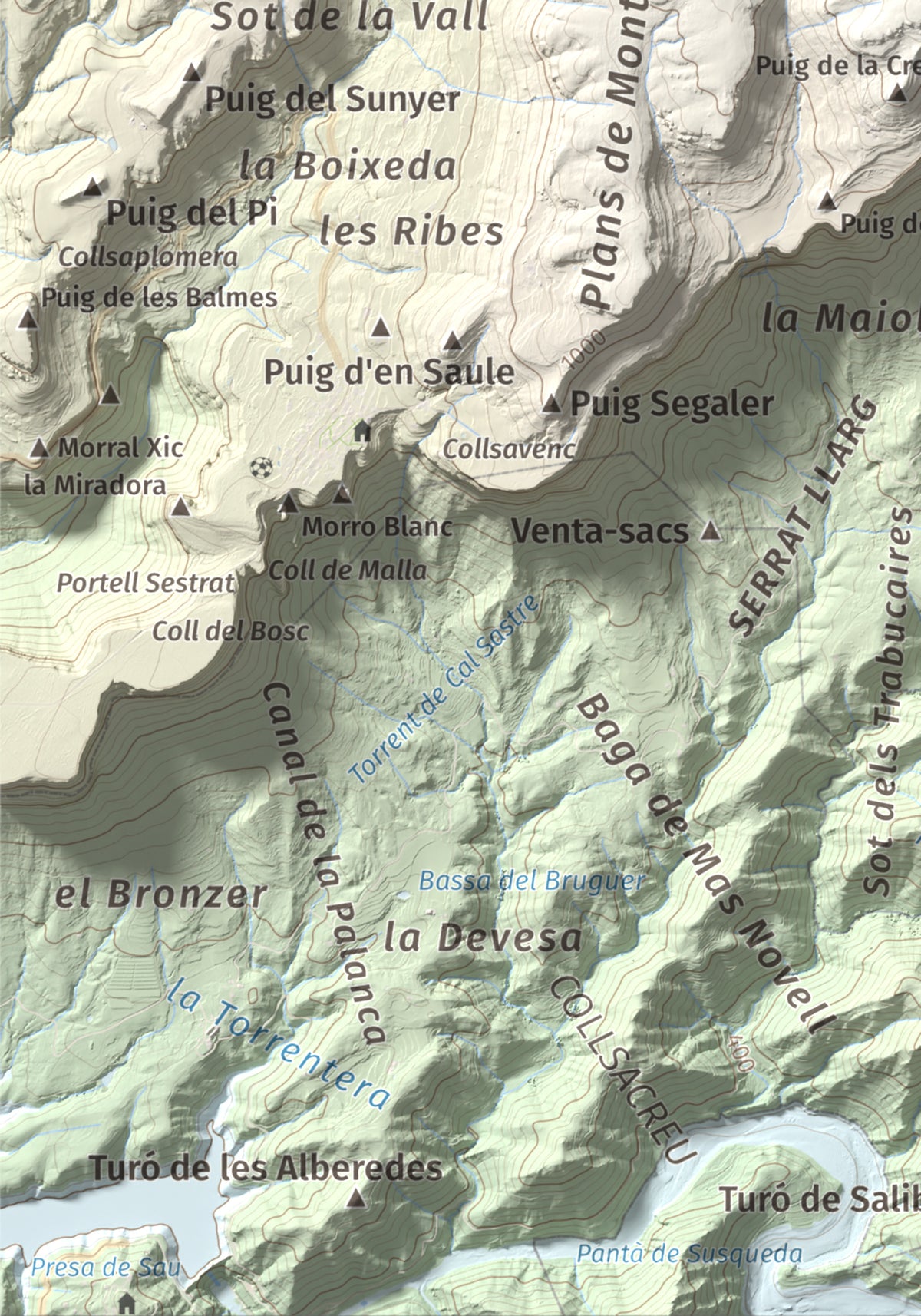 Mapa de relieve de Rocallarga, 1187 m, Osona, lámina 100 Cims de Trobart. Detalle de la zona inferior izquierda. 21 × 30 cm.