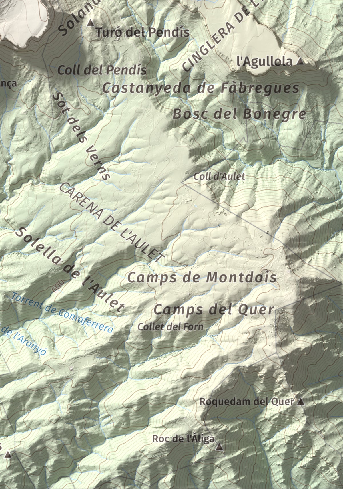 Mapa de relieve de Rocallarga, 1187 m, Osona, lámina 100 Cims de Trobart. Detalle de la zona inferior derecha. 21 × 30 cm.