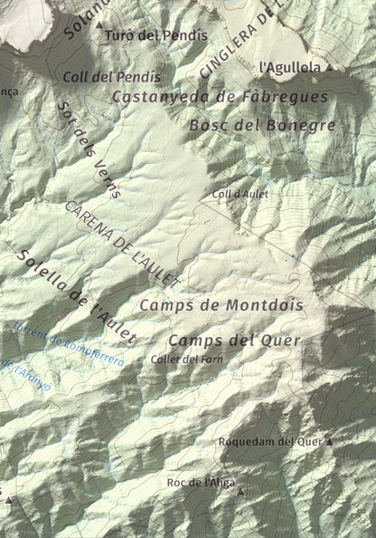 Mapa de relieve de Rocallarga, 1187 m, Osona, lámina 100 Cims de Trobart. Detalle de la zona inferior derecha. 21 × 30 cm.