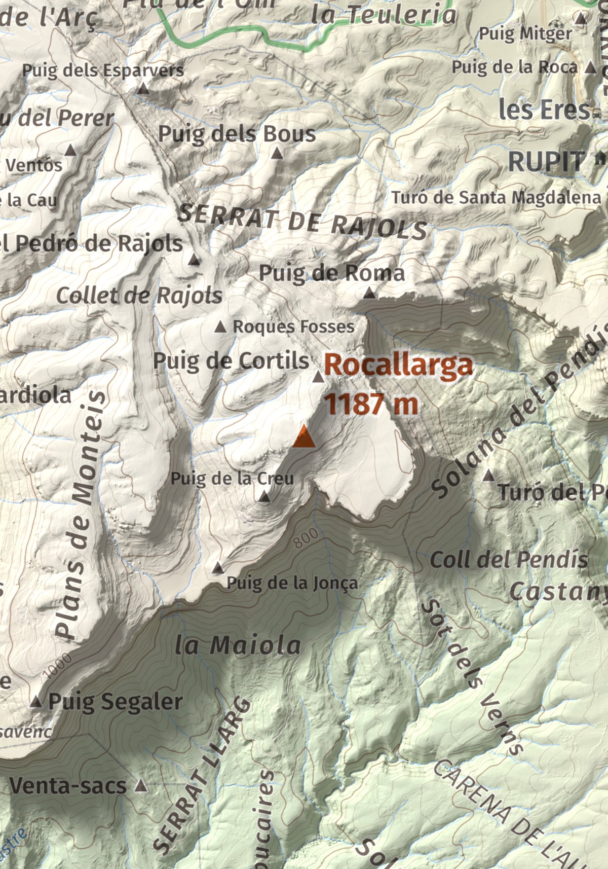 Mapa de relieve de Rocallarga, 1187 m, Osona, lámina 100 Cims de Trobart. Detalle de la zona central. 21 × 30 cm.