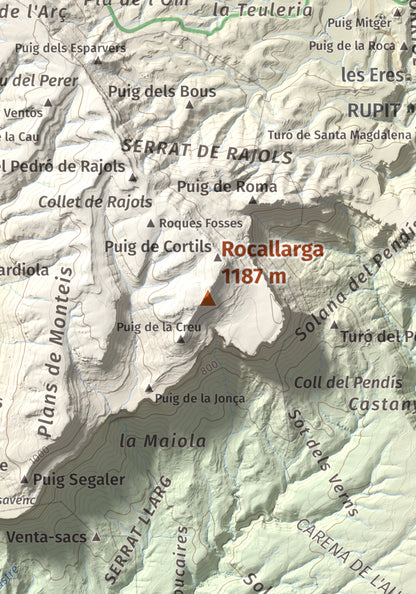 Mapa de relieve de Rocallarga, 1187 m, Osona, lámina 100 Cims de Trobart. Detalle de la zona central. 21 × 30 cm.