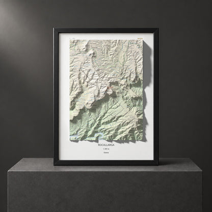 Mapa de relieve de Rocallarga, 1187 m, Osona, lámina 100 Cims de Trobart. Presentación enmarcada. 30 × 40 cm.