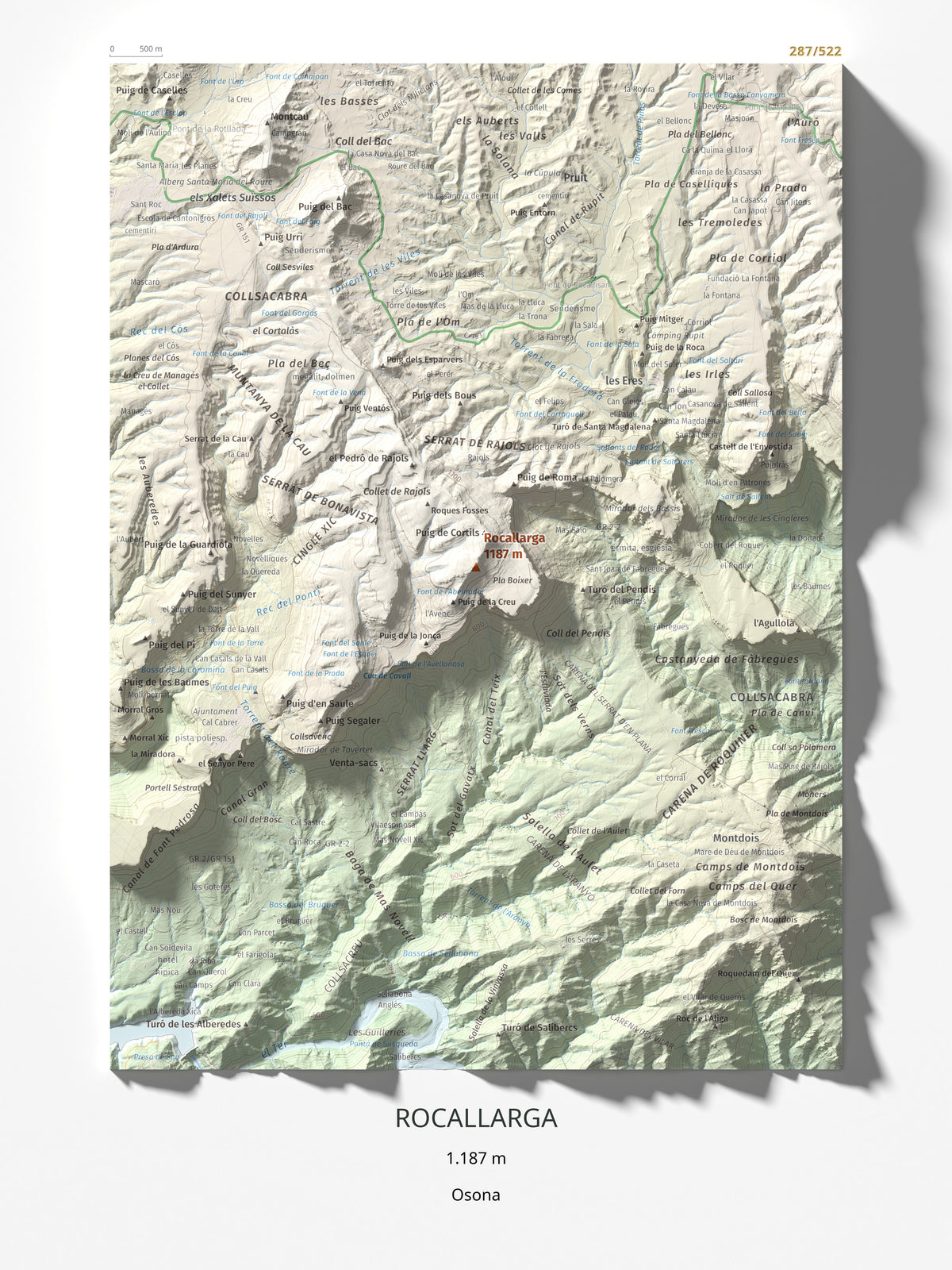 Mapa de relieve de Rocallarga, 1187 m, Osona, lámina 100 Cims de Trobart 30 × 40 cm.
