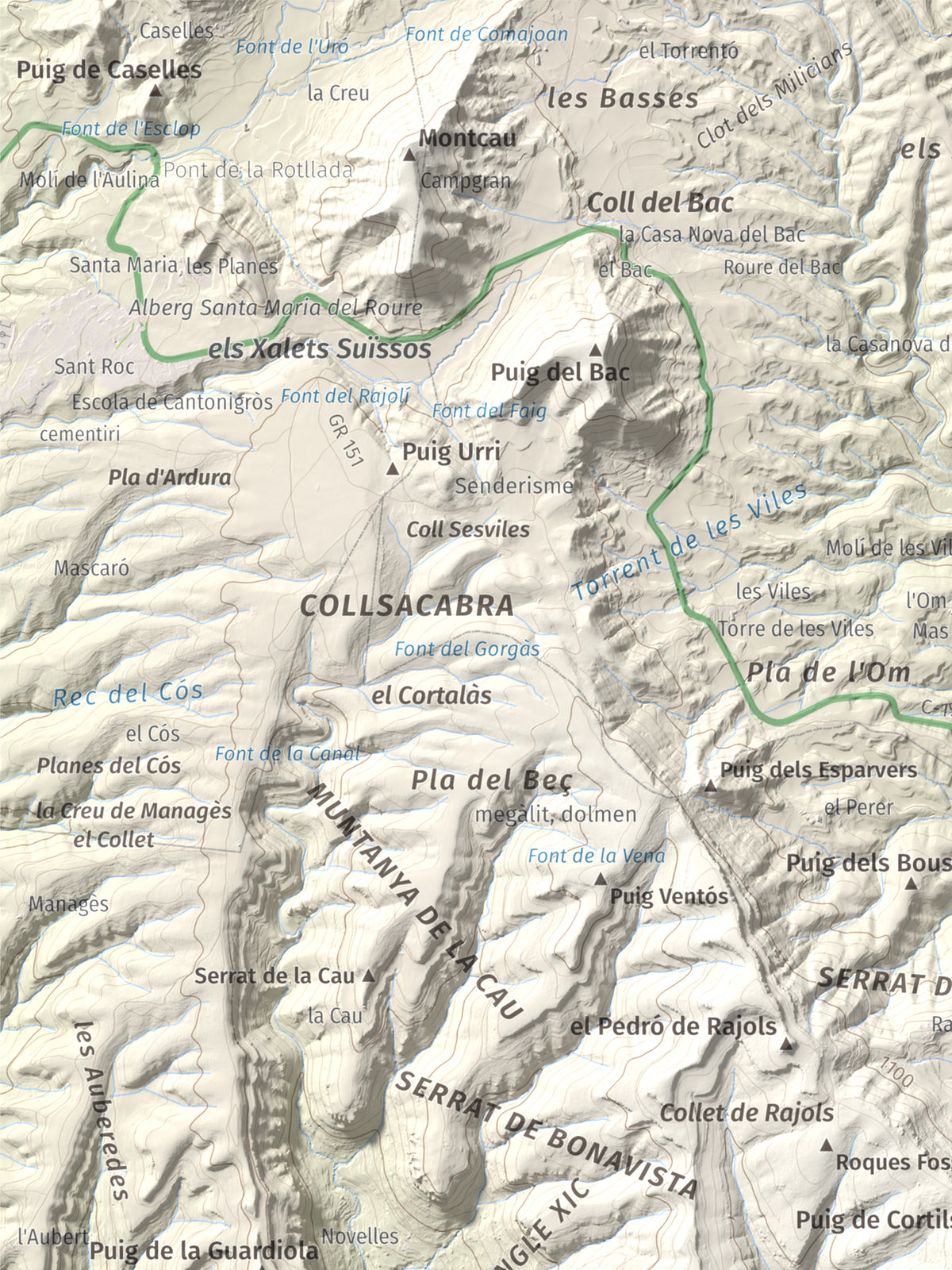 Mapa de relieve de Rocallarga, 1187 m, Osona, lámina 100 Cims de Trobart. Detalle de la zona superior izquierda. 30 × 40 cm.