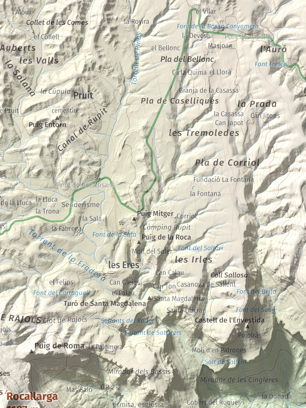 Mapa de relieve de Rocallarga, 1187 m, Osona, lámina 100 Cims de Trobart. Detalle de la zona superior derecha. 30 × 40 cm.
