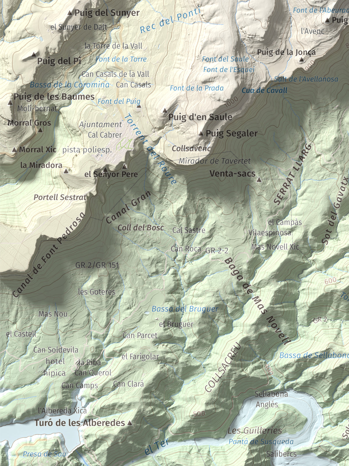 Mapa de relieve de Rocallarga, 1187 m, Osona, lámina 100 Cims de Trobart. Detalle de la zona inferior izquierda. 30 × 40 cm.