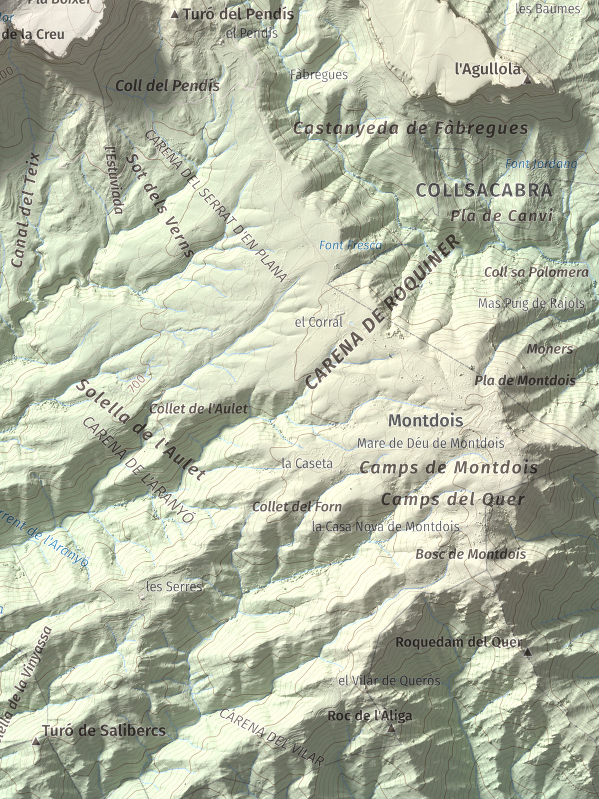 Mapa de relieve de Rocallarga, 1187 m, Osona, lámina 100 Cims de Trobart. Detalle de la zona inferior derecha. 30 × 40 cm.