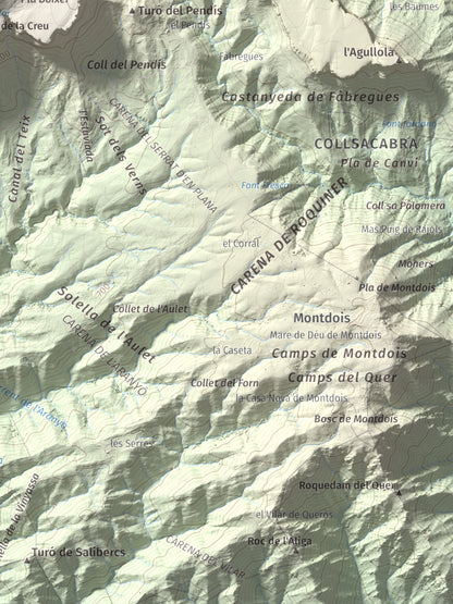 Mapa de relieve de Rocallarga, 1187 m, Osona, lámina 100 Cims de Trobart. Detalle de la zona inferior derecha. 30 × 40 cm.