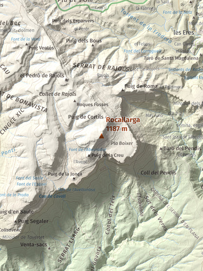 Mapa de relieve de Rocallarga, 1187 m, Osona, lámina 100 Cims de Trobart. Detalle de la zona central. 30 × 40 cm.