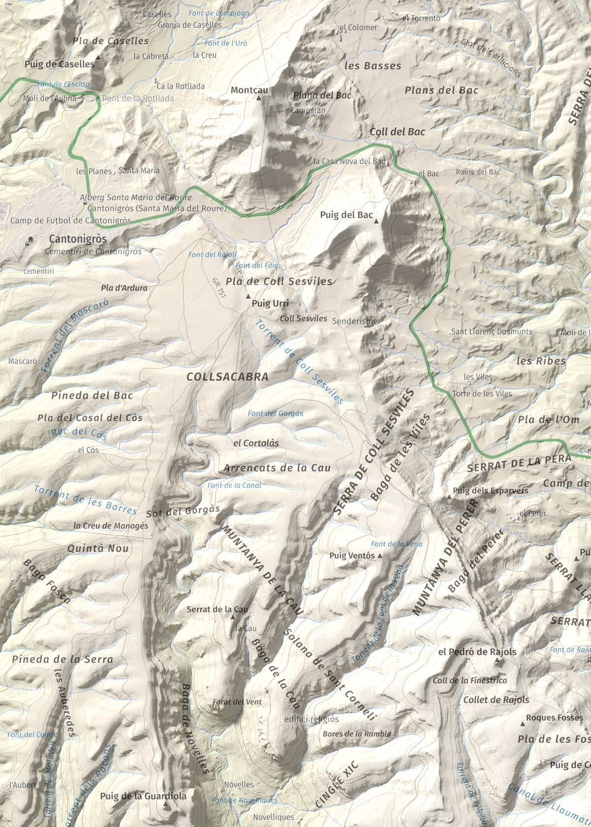 Mapa de relieve de Rocallarga, 1187 m, Osona, lámina 100 Cims de Trobart. Detalle de la zona superior izquierda. 50 × 70 cm.