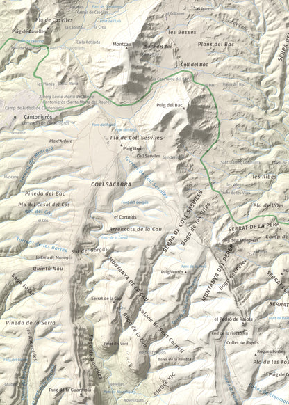 Mapa de relieve de Rocallarga, 1187 m, Osona, lámina 100 Cims de Trobart. Detalle de la zona superior izquierda. 50 × 70 cm.