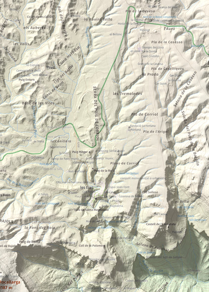 Mapa de relieve de Rocallarga, 1187 m, Osona, lámina 100 Cims de Trobart. Detalle de la zona superior derecha. 50 × 70 cm.