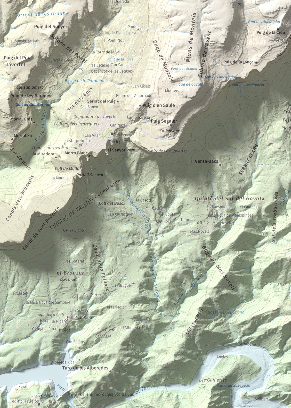 Mapa de relieve de Rocallarga, 1187 m, Osona, lámina 100 Cims de Trobart. Detalle de la zona inferior izquierda. 50 × 70 cm.