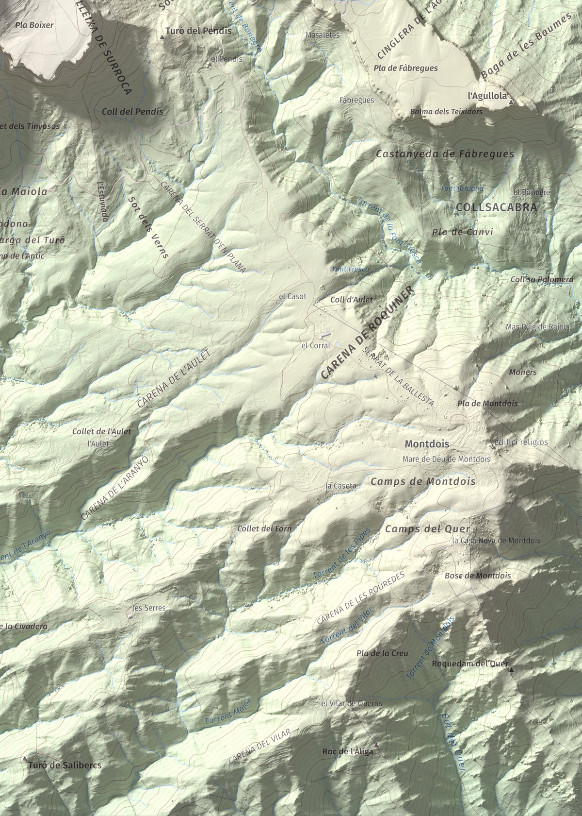 Mapa de relieve de Rocallarga, 1187 m, Osona, lámina 100 Cims de Trobart. Detalle de la zona inferior derecha. 50 × 70 cm.