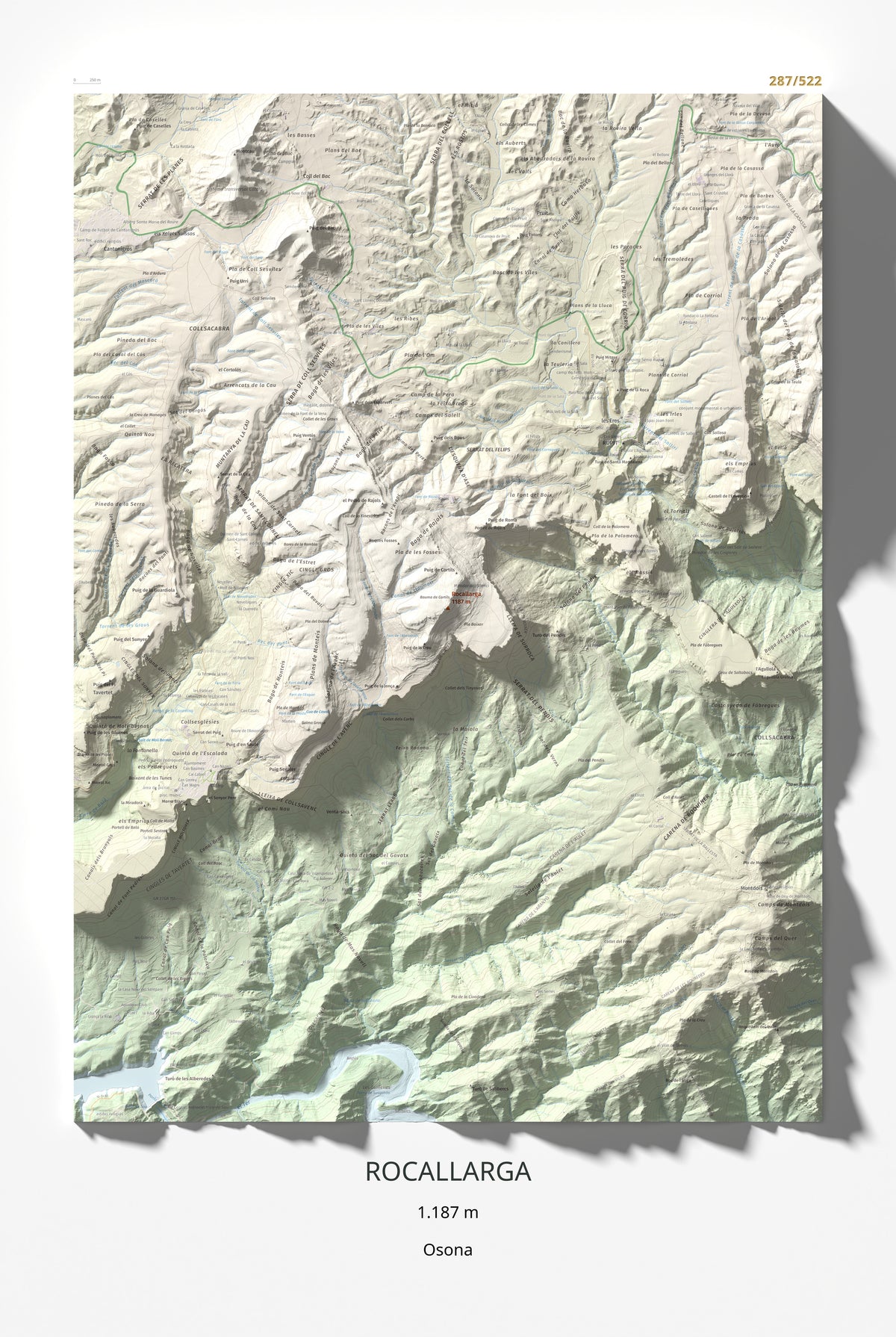 Mapa de relieve de Rocallarga, 1187 m, Osona, lámina 100 Cims de Trobart 61 × 91 cm.