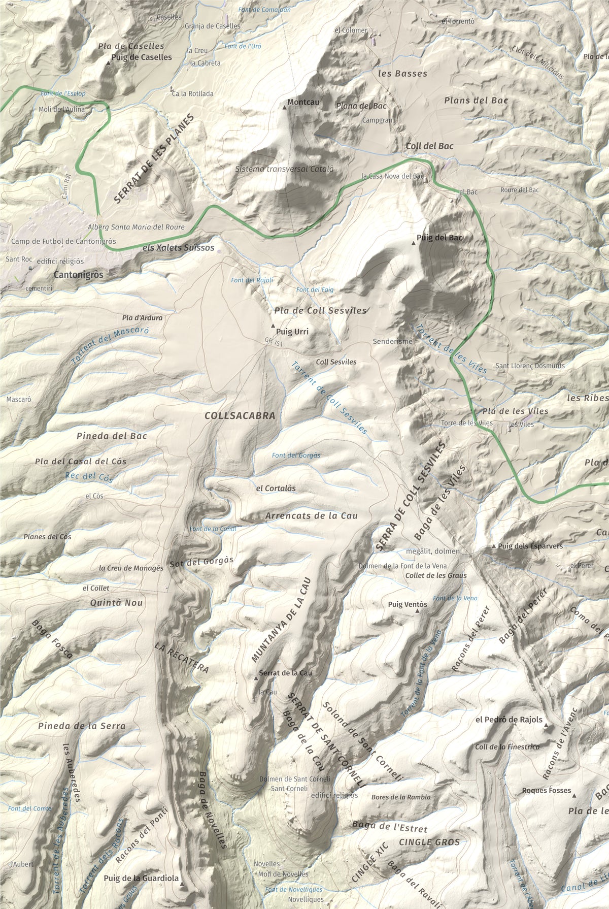 Mapa de relieve de Rocallarga, 1187 m, Osona, lámina 100 Cims de Trobart. Detalle de la zona superior izquierda. 61 × 91 cm.
