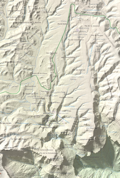 Mapa de relieve de Rocallarga, 1187 m, Osona, lámina 100 Cims de Trobart. Detalle de la zona superior derecha. 61 × 91 cm.