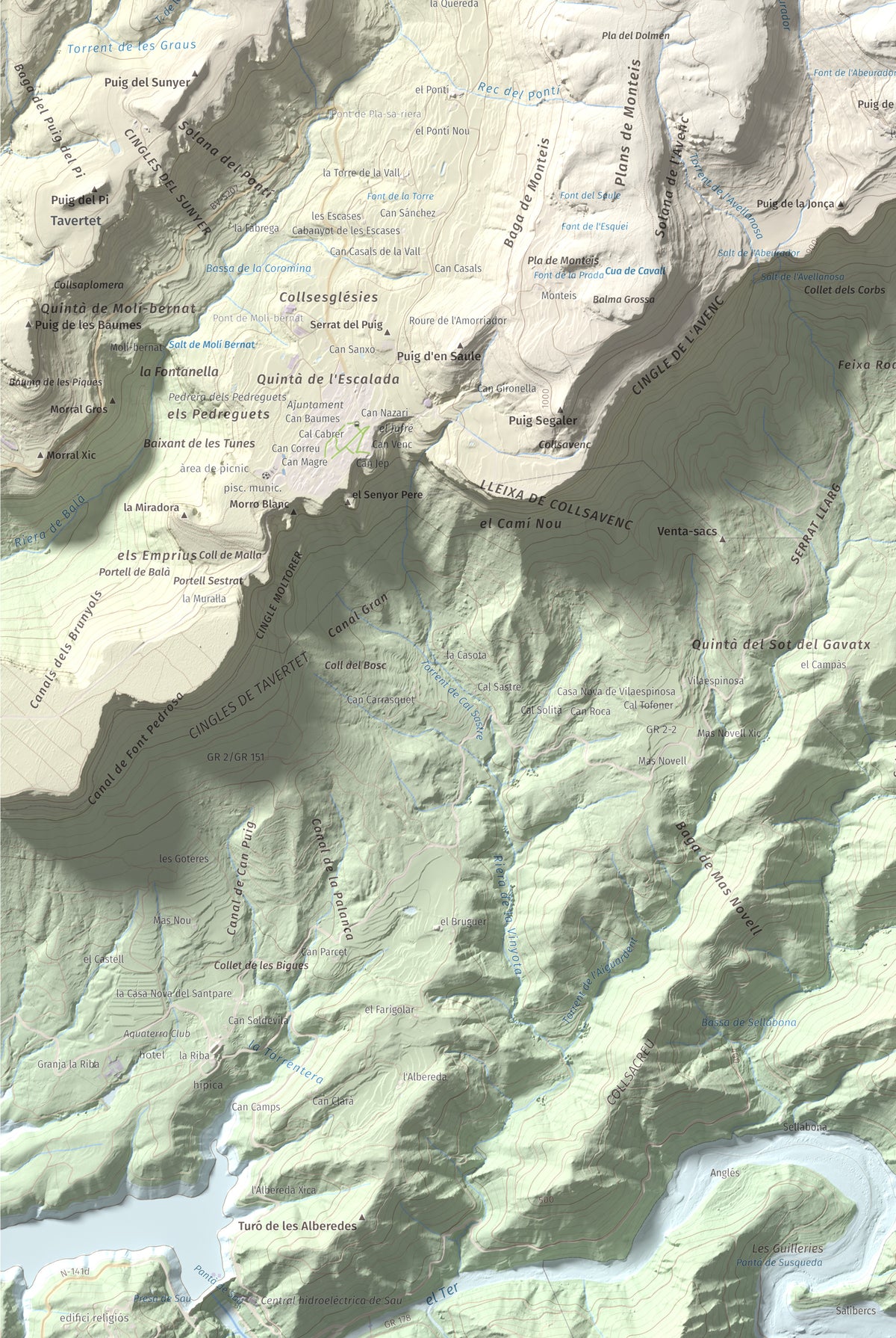 Mapa de relieve de Rocallarga, 1187 m, Osona, lámina 100 Cims de Trobart. Detalle de la zona inferior izquierda. 61 × 91 cm.