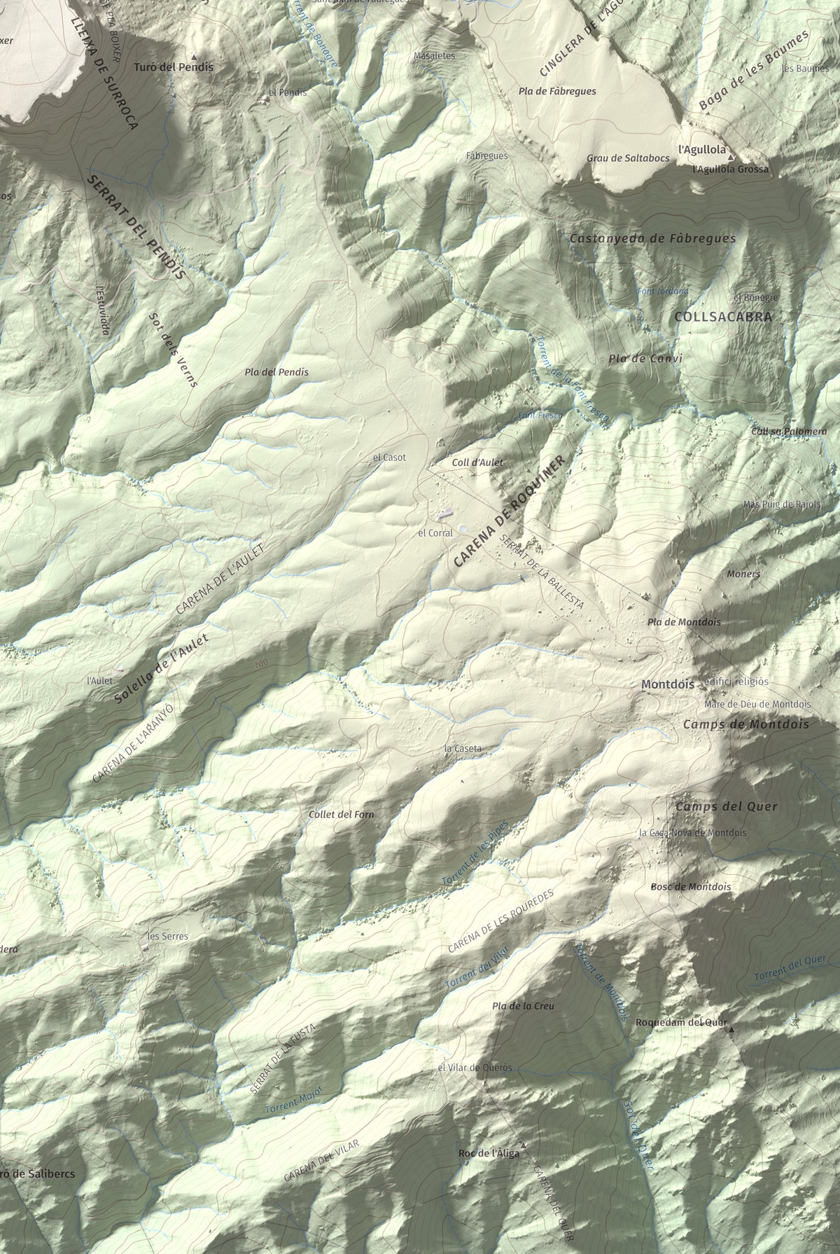 Mapa de relieve de Rocallarga, 1187 m, Osona, lámina 100 Cims de Trobart. Detalle de la zona inferior derecha. 61 × 91 cm.