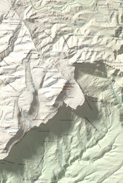 Mapa de relieve de Rocallarga, 1187 m, Osona, lámina 100 Cims de Trobart. Detalle de la zona central. 61 × 91 cm.