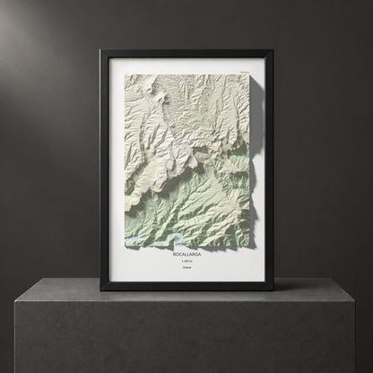 Mapa de relieve de Rocallarga, 1187 m, Osona, lámina 100 Cims de Trobart. Presentación enmarcada. 70 × 100 cm.