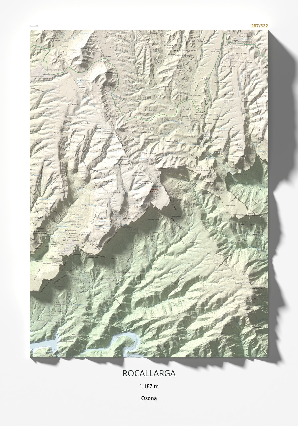 Mapa de relieve de Rocallarga, 1187 m, Osona, lámina 100 Cims de Trobart 70 × 100 cm.