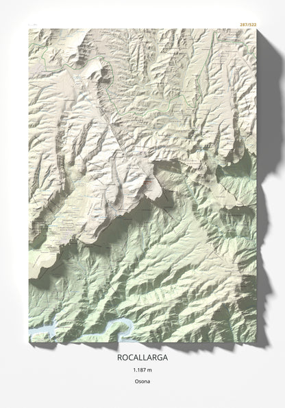 Mapa de relieve de Rocallarga, 1187 m, Osona, lámina 100 Cims de Trobart 70 × 100 cm.