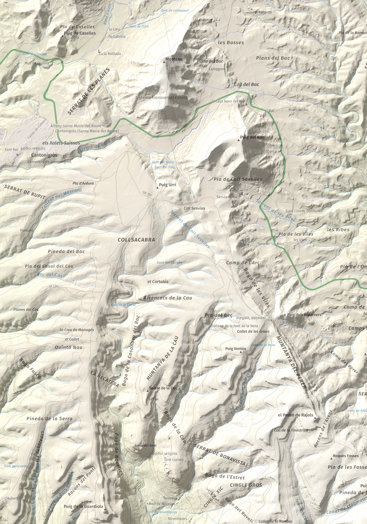 Mapa de relieve de Rocallarga, 1187 m, Osona, lámina 100 Cims de Trobart. Detalle de la zona superior izquierda. 70 × 100 cm.