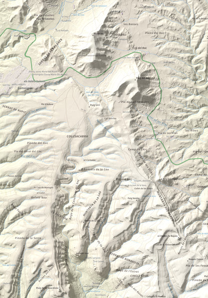 Mapa de relieve de Rocallarga, 1187 m, Osona, lámina 100 Cims de Trobart. Detalle de la zona superior izquierda. 70 × 100 cm.