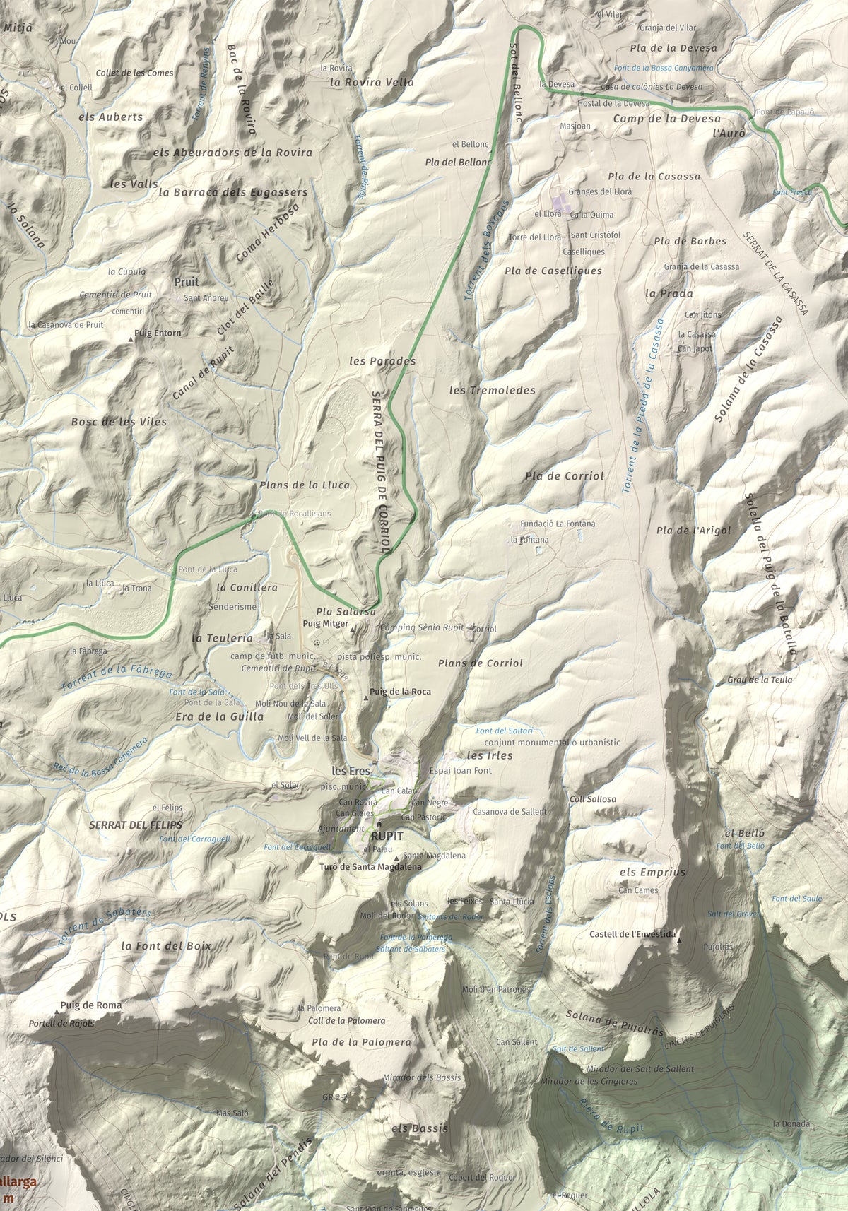 Mapa de relieve de Rocallarga, 1187 m, Osona, lámina 100 Cims de Trobart. Detalle de la zona superior derecha. 70 × 100 cm.
