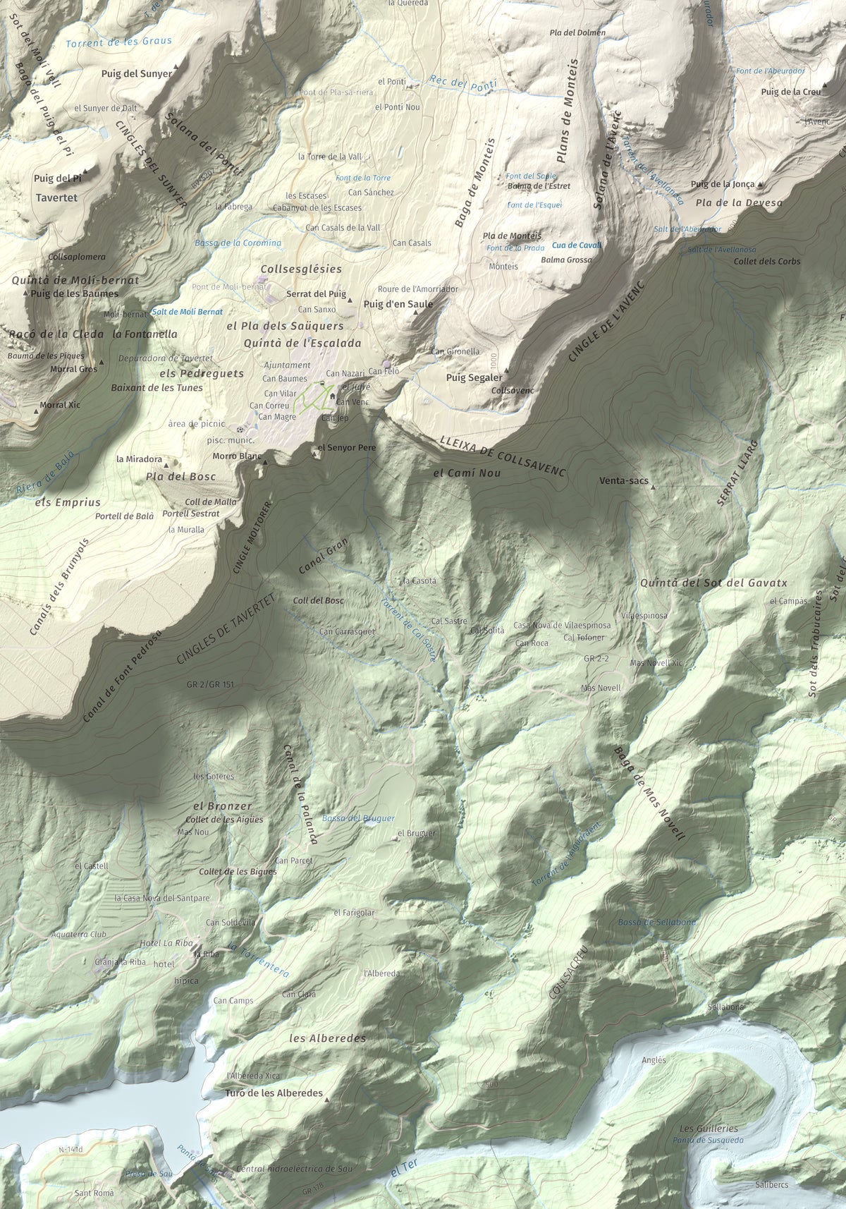 Mapa de relieve de Rocallarga, 1187 m, Osona, lámina 100 Cims de Trobart. Detalle de la zona inferior izquierda. 70 × 100 cm.