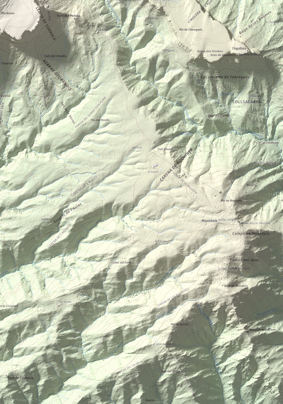 Mapa de relieve de Rocallarga, 1187 m, Osona, lámina 100 Cims de Trobart. Detalle de la zona inferior derecha. 70 × 100 cm.