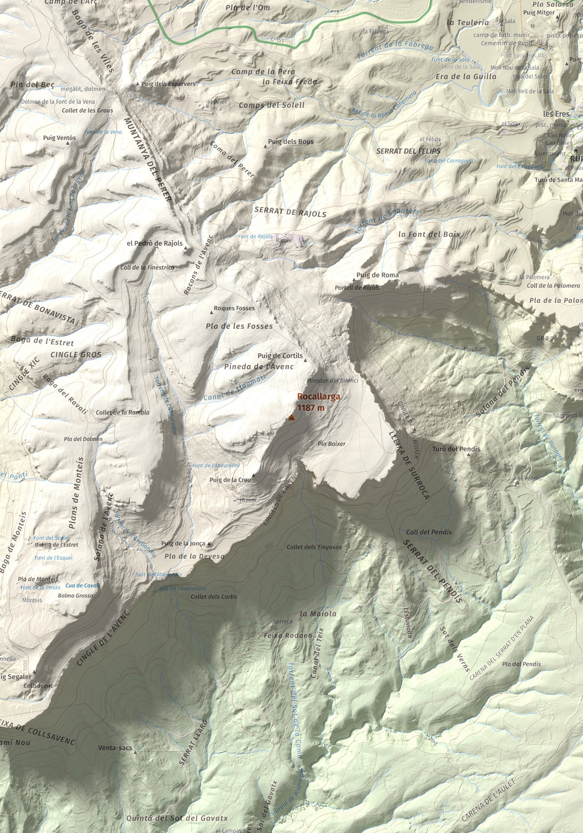 Mapa de relieve de Rocallarga, 1187 m, Osona, lámina 100 Cims de Trobart. Detalle de la zona central. 70 × 100 cm.