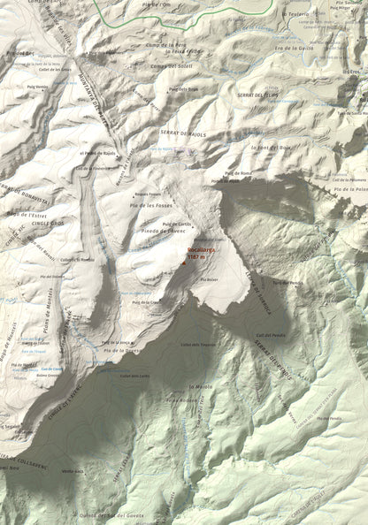 Mapa de relieve de Rocallarga, 1187 m, Osona, lámina 100 Cims de Trobart. Detalle de la zona central. 70 × 100 cm.