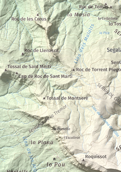 Mapa de relieve de Rocalta, 1489 m, Pallars Jussà, lámina 100 Cims de Trobart. Detalle de la zona superior izquierda. 21 × 30 cm.