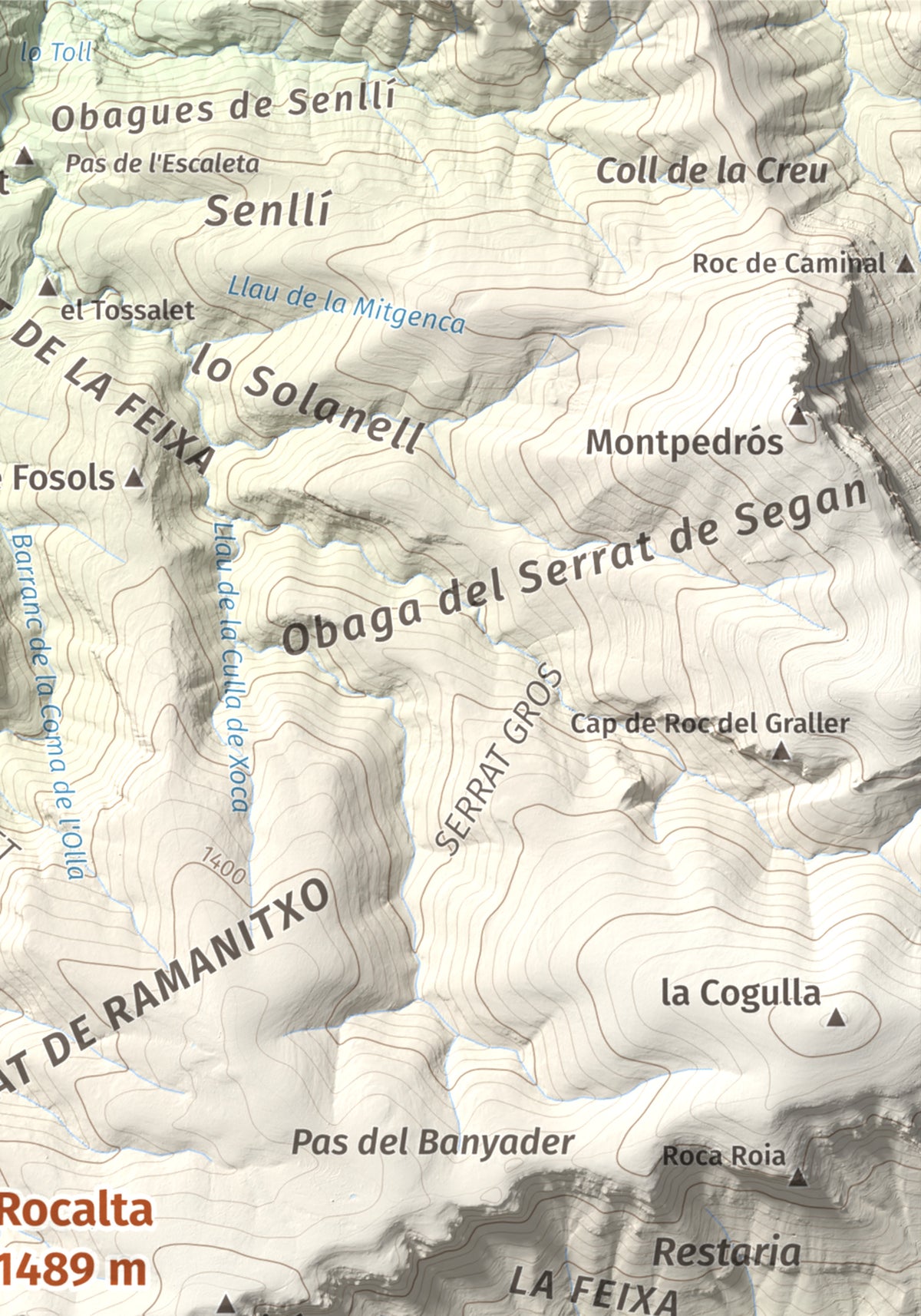 Mapa de relieve de Rocalta, 1489 m, Pallars Jussà, lámina 100 Cims de Trobart. Detalle de la zona superior derecha. 21 × 30 cm.