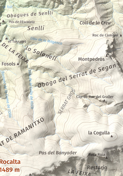 Mapa de relieve de Rocalta, 1489 m, Pallars Jussà, lámina 100 Cims de Trobart. Detalle de la zona superior derecha. 21 × 30 cm.