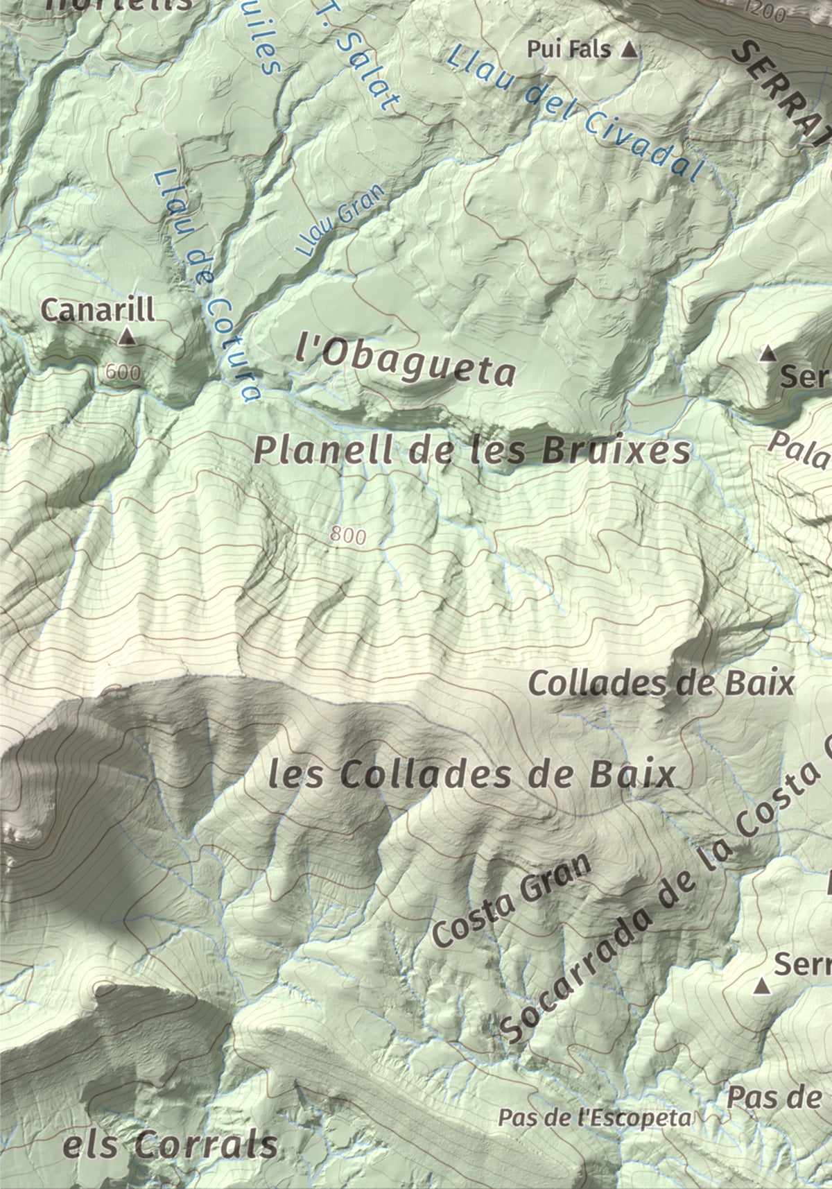Mapa de relieve de Rocalta, 1489 m, Pallars Jussà, lámina 100 Cims de Trobart. Detalle de la zona inferior izquierda. 21 × 30 cm.