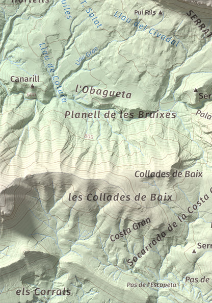 Mapa de relieve de Rocalta, 1489 m, Pallars Jussà, lámina 100 Cims de Trobart. Detalle de la zona inferior izquierda. 21 × 30 cm.