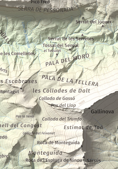 Mapa de relieve de Rocalta, 1489 m, Pallars Jussà, lámina 100 Cims de Trobart. Detalle de la zona inferior derecha. 21 × 30 cm.