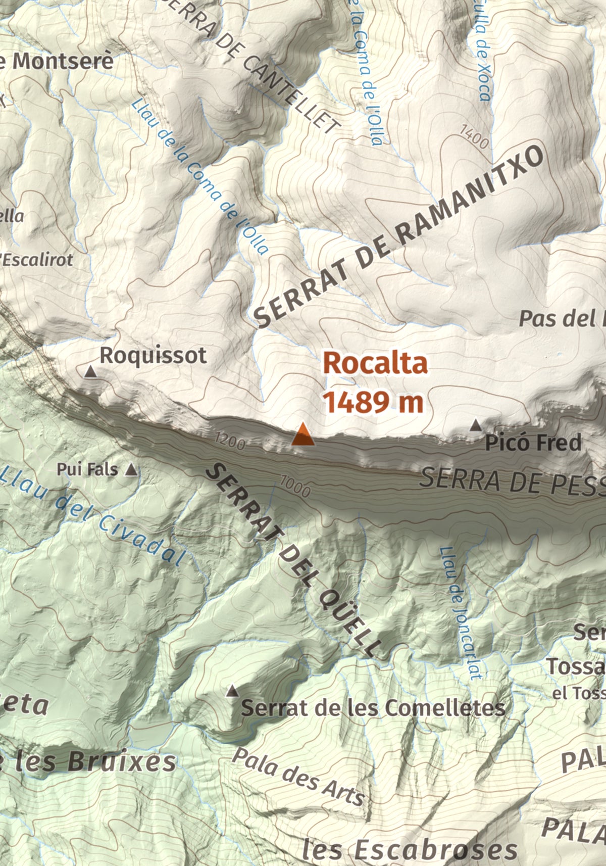 Mapa de relieve de Rocalta, 1489 m, Pallars Jussà, lámina 100 Cims de Trobart. Detalle de la zona central. 21 × 30 cm.