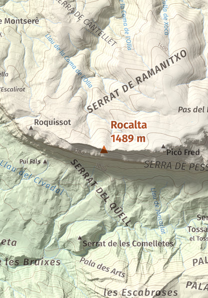 Mapa de relieve de Rocalta, 1489 m, Pallars Jussà, lámina 100 Cims de Trobart. Detalle de la zona central. 21 × 30 cm.