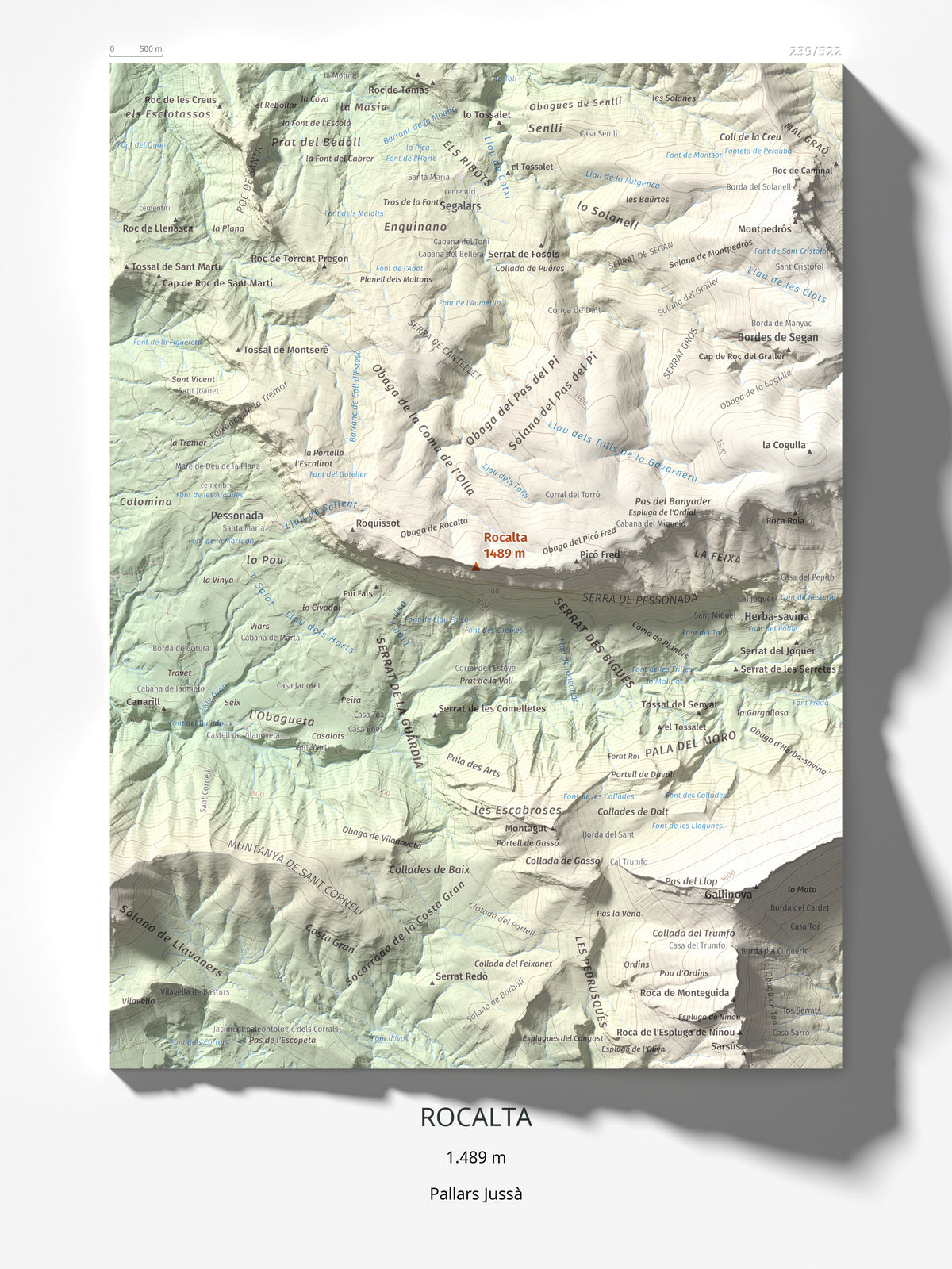 Mapa de relieve de Rocalta, 1489 m, Pallars Jussà, lámina 100 Cims de Trobart 30 × 40 cm.