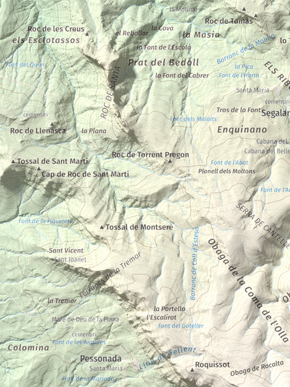 Mapa de relieve de Rocalta, 1489 m, Pallars Jussà, lámina 100 Cims de Trobart. Detalle de la zona superior izquierda. 30 × 40 cm.