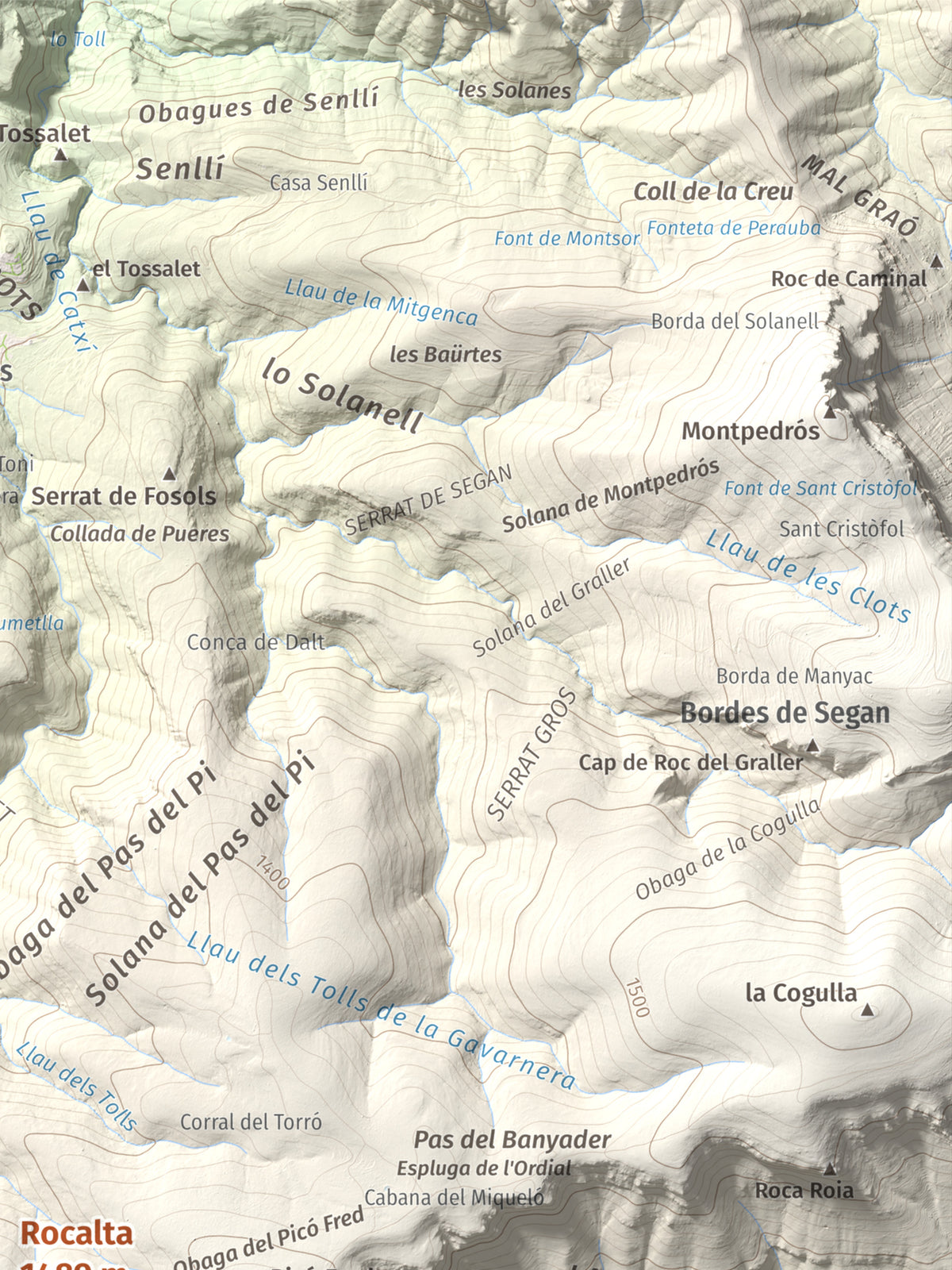 Mapa de relieve de Rocalta, 1489 m, Pallars Jussà, lámina 100 Cims de Trobart. Detalle de la zona superior derecha. 30 × 40 cm.