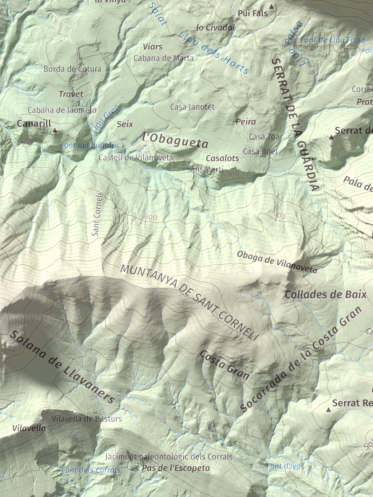 Mapa de relieve de Rocalta, 1489 m, Pallars Jussà, lámina 100 Cims de Trobart. Detalle de la zona inferior izquierda. 30 × 40 cm.